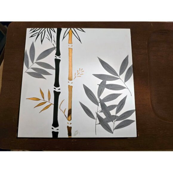 Vintage 1966 MCM Teak Serving Tray Bamboo Tile + Knife Charcuterie Never Used - Picture 2 of 5